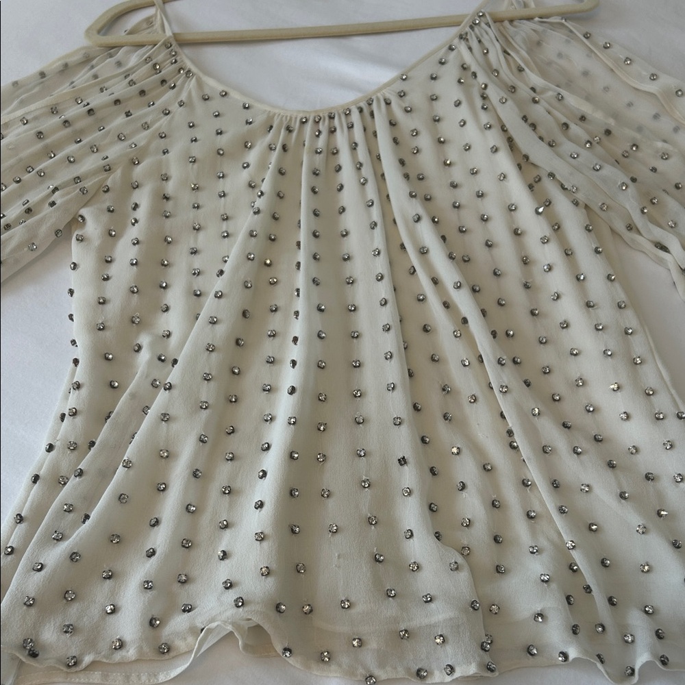 Stunning Parker Cream Silver crystals Beaded Blouse Key hole sleeves M Lux ++